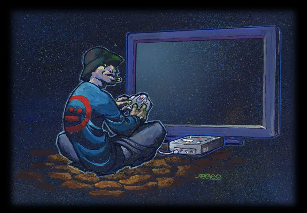 Del the Funky Homosapien sits on the ground playing a Sega Dreamcast in a stylized illustration. His back is facing us, revealing a Hieroglyphics logo on his back. His head is turned slightly, acknowledging our presence as the television in front of him is seemingly beginning its startup phase as Del prepares to game.