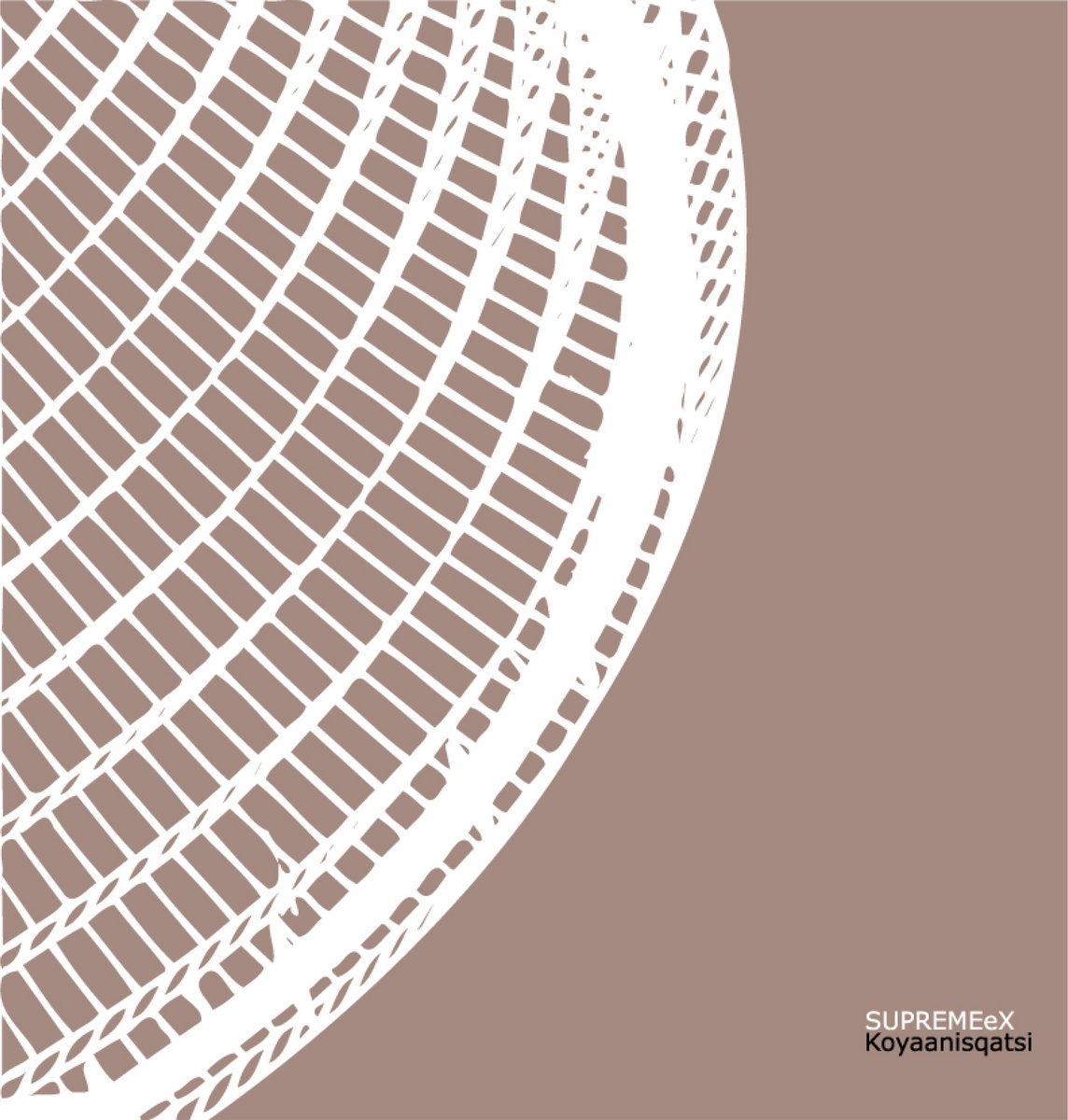 Abstract cover art featuring a geometric, circular grid pattern in white over a muted brown background. In the lower right corner, the text 'SUPREMEeX Koyaanisqatsi' is written in a minimalist sans-serif font.
