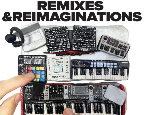 A miniature replica of Mark’s studio gear, seemingly hand-crafted from clay and painted in detailed color. Effects pads, MIDI keyboards, and controllers are arranged on a flat surface. The photo is taken from overhead, showing what appear to be Mark’s hands resting on the devices, as if mid-performance.